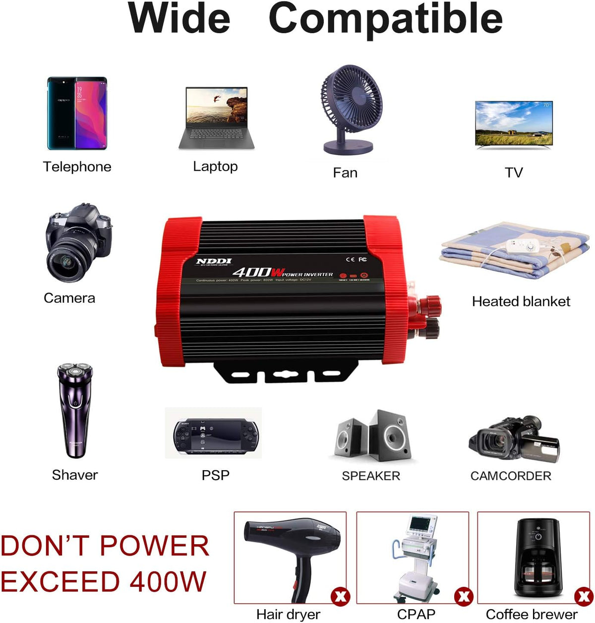 400W Car Power Inverter, DC 12V to 110V AC Converter with 2 Charger Outlets and Dual 3.1A USB Ports Cigarette Lighter Socket Adapter(Black)