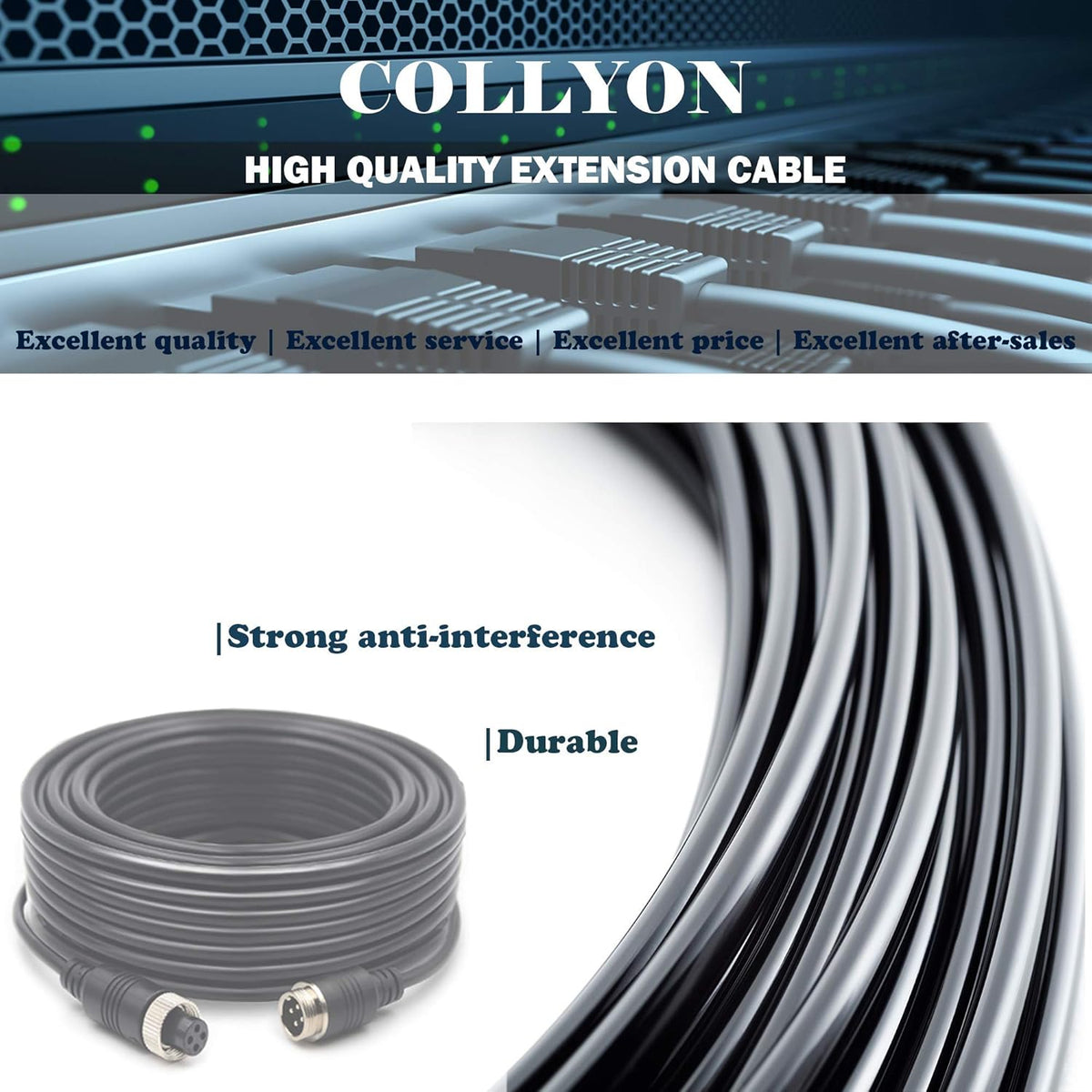 34FT Backup Camera Extension Cable - 4Pin Aviation Video Cable for Car Rear View Camera Systems