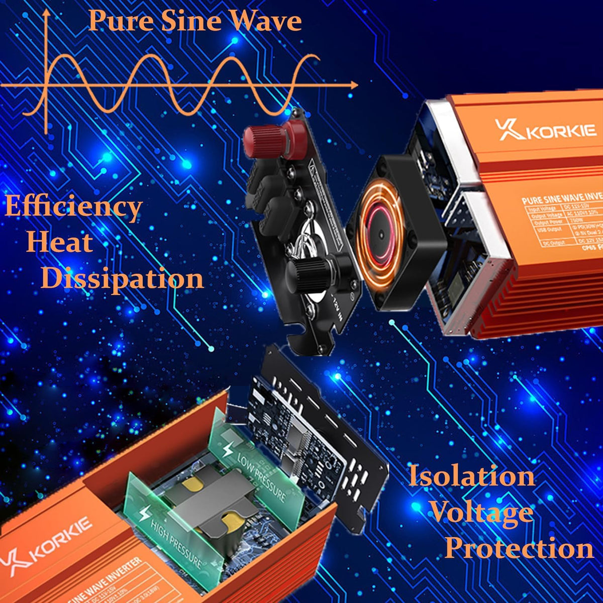 750W Pure Sine Wave Inverter, Car Power Inverter, 12V DC to 110V AC Power Converter, Emergency Power Inverter with Type-C, Dual 5.2V/2.4A USB, 3AC Outlets for Home,Camping, RV, Truck, Vehicles