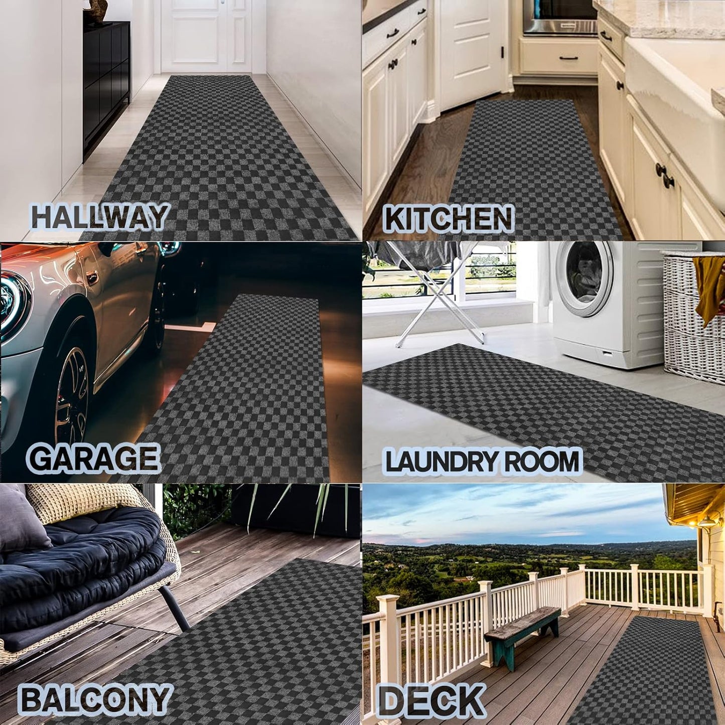 Custom Size Backed Non-Slip Area Rugs Runner, Easy Clean, Waterproof Runner Rugs for Hallway Entryway, Kitchen, Laundry, 2FT x 13FT, Gray Checkered