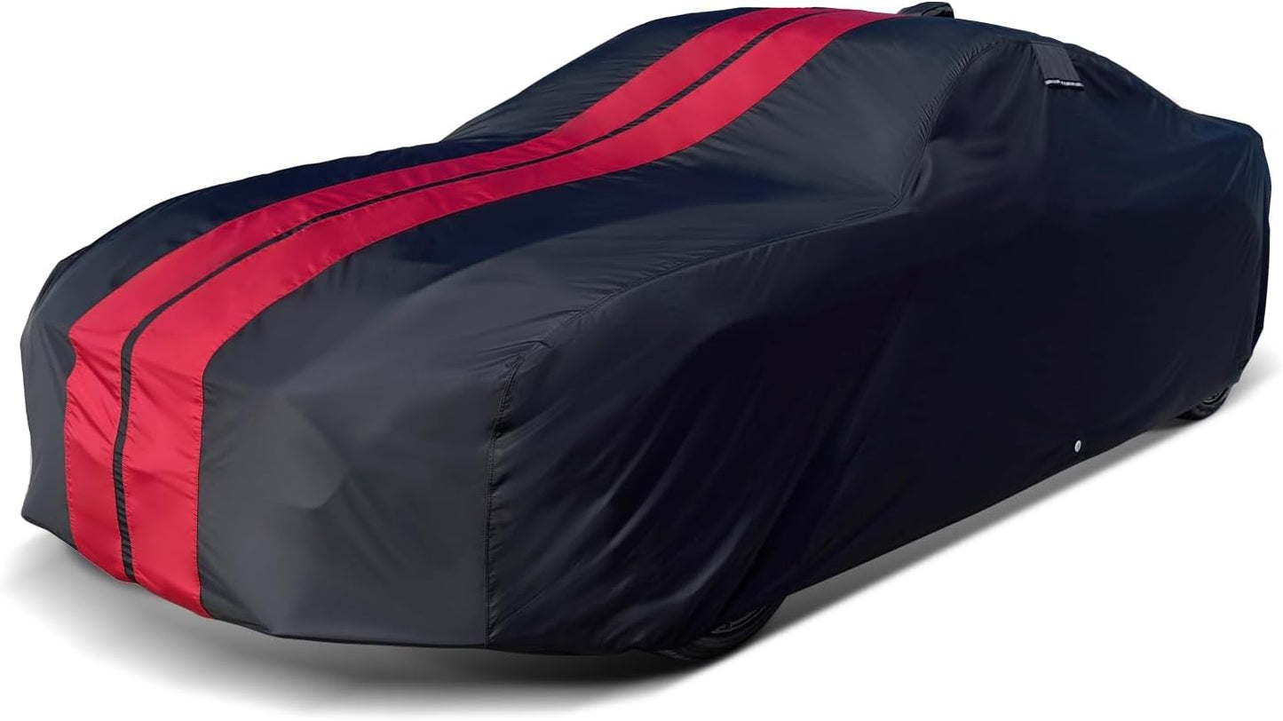 iCarCover Custom Car Cover for Pontiac Safari Wagon (1965-1976) Waterproof All-Weather Rain Snow UV Sun Protector Full Exterior Indoor Outdoor Car Cover (Stripe - Black/Red)