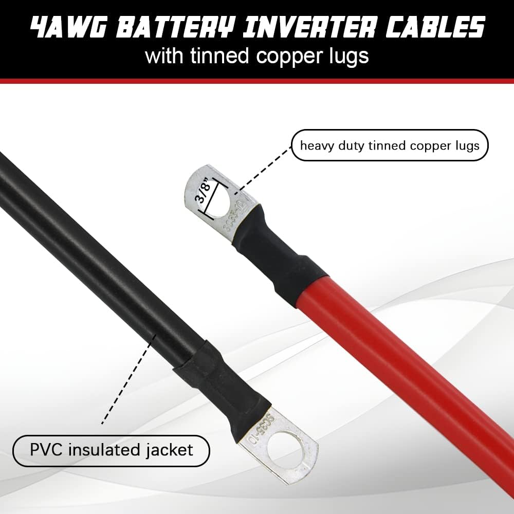 4 AWG Battery Cable 2FT 4 Gauge Pure Copper Battery Inverter Cables with 3/8 in Lugs Both Ends Power Inverter Wire Set for Automotive Solar Power Inverter Marine Boat RV Car Motorcycle (2FT)
