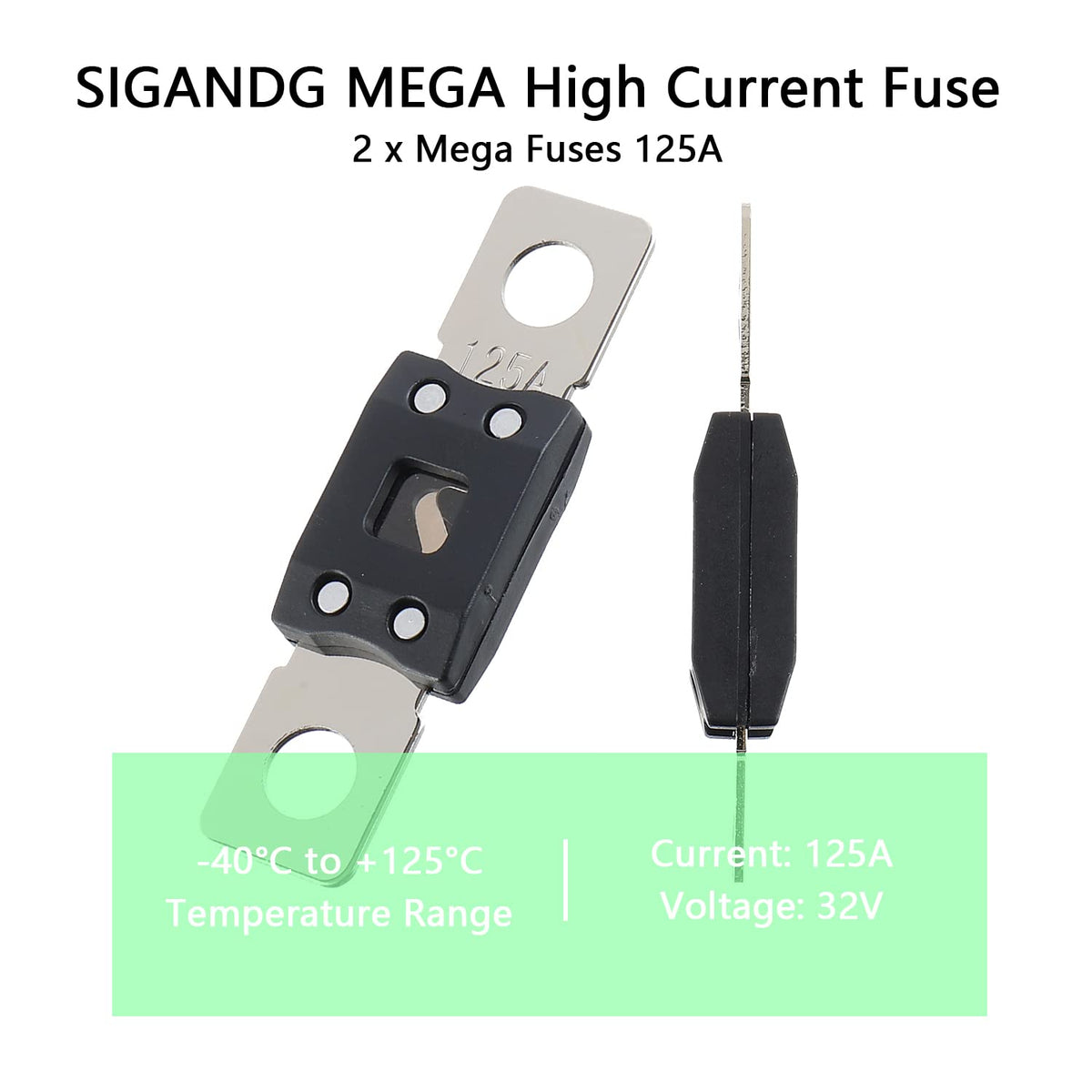125A MEGA High Current Fuse - 125 Amp Bolt-on Fuse for Cars, Trucks, Construction Vehicles, Buses, Caravans (2 Pcs)