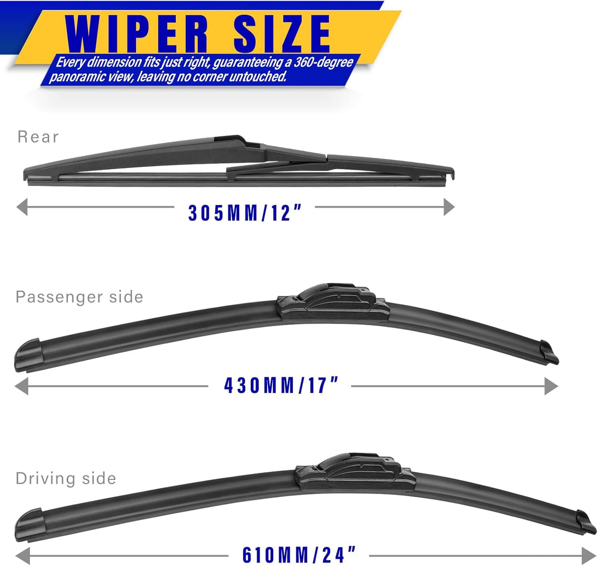 3 wipers Replacement for 2006-2012 Toyota Rav4, Windshield Wiper Blades Original Equipment Replacement - 24"/17"/12" (Set of 3) U/J HOOK