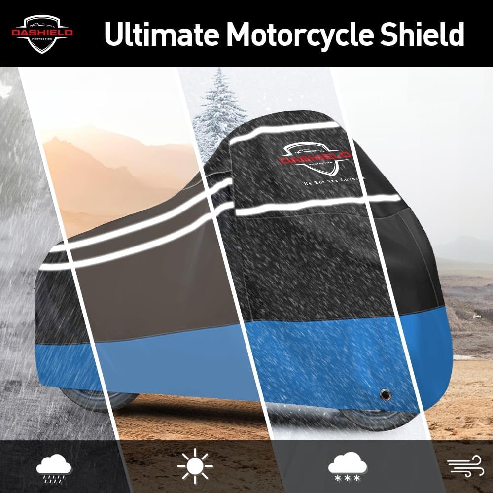 Ultimum Series Motorcycle Cover Waterproof All Weather Protection Universal Heavy Duty Night Reflector with Lock-Holes Compatible with Suzuki Harley Davidson Kawasaki Yamaha Honda Blue Small