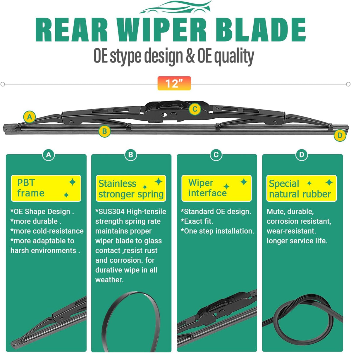 24" 18" 12" Windshield Wiper Blades Replacement for GMC Terrain 2018 2019 2020 2021 Premium All Weather Front Rear Wipers Set - OEM Quality (Pack of 3)