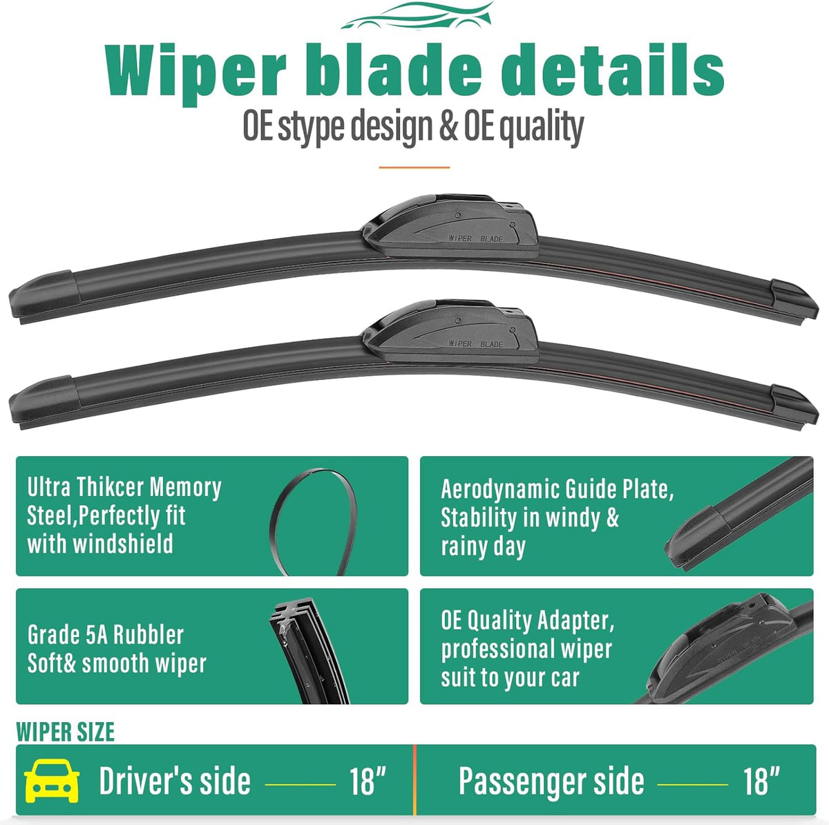 18" 18" 11" Windshield Wiper Blades Replacement for Chevy Chevrolet HHR 2006 2007 2008 2009 2010 2011 Premium All Weather Front Rear Wipers Set - OEM Quality (Pack of 3)