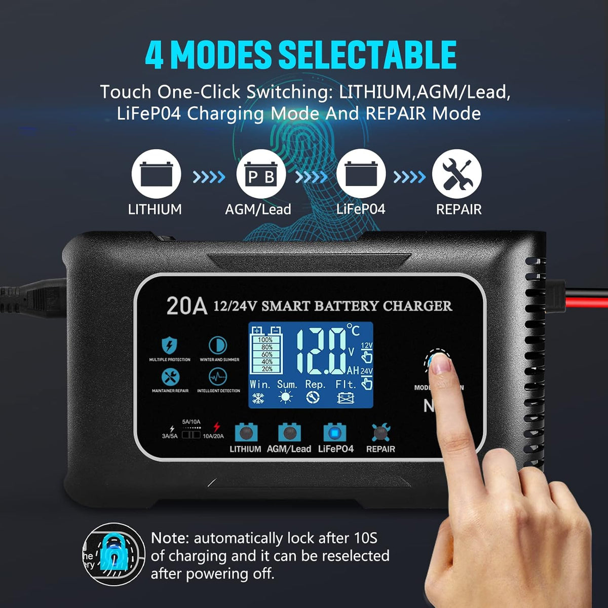 20-Amp Lifepo4 Lithium AGM Gel Smart Battery Charger, 12V/20A 24V/10A Trickle Charger, Maintainer for car Boat Motorcycle, Lawn Mower
