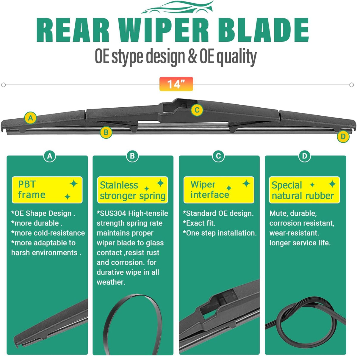 26" 16" 14" Windshield Wiper Blades Replacement for Toyota CHR C-HR 2018 2019 2020 2021 2022 Premium All Weather Front Rear Wipers Set - OEM Quality (Pack of 3)