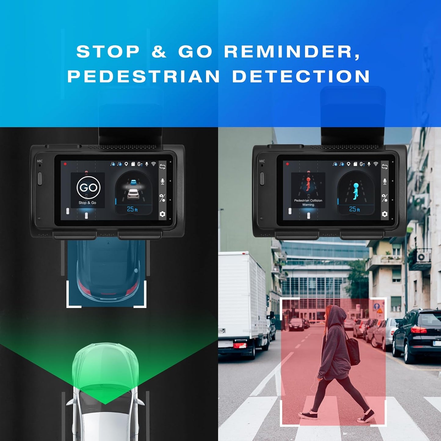 Type S T200 AI Driver Assistance Dash Cam Powered by ADAS, 1440p, Collision Alerts, Lane and Pedestrian Detection, Vehicle Departure Reminders, Front Rear 2 Channel Smart 24/7 Video Surveillance