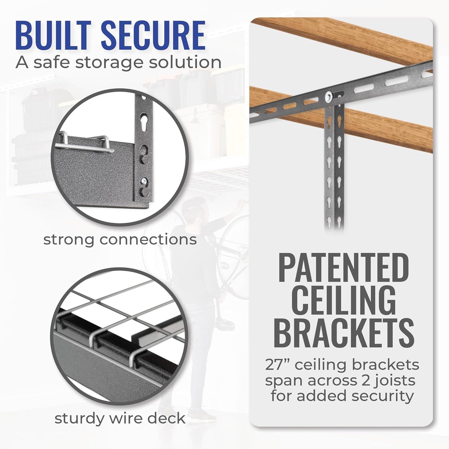 SafeRacks Heavy Duty Overhead Garage Storage Rack, 2-Pack 4x8 Hammertone, 12"-21", 600 lb Capacity, Adjustable Ceiling Mount