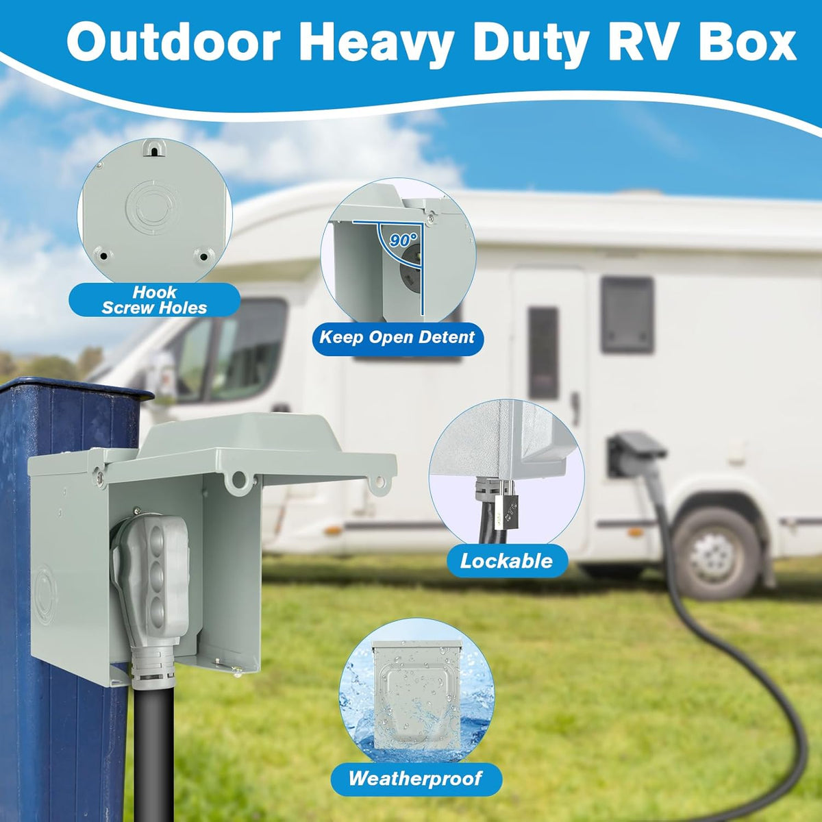 30 Amp RV Power Outlet Box, 125 Volt NEMA TT-30R Receptacle, Lockable Enclosed Outdoor Plug, Electrical Receptacle Panel, Weatherproof Temporary Hookup for RV Camper Car Travel Generator