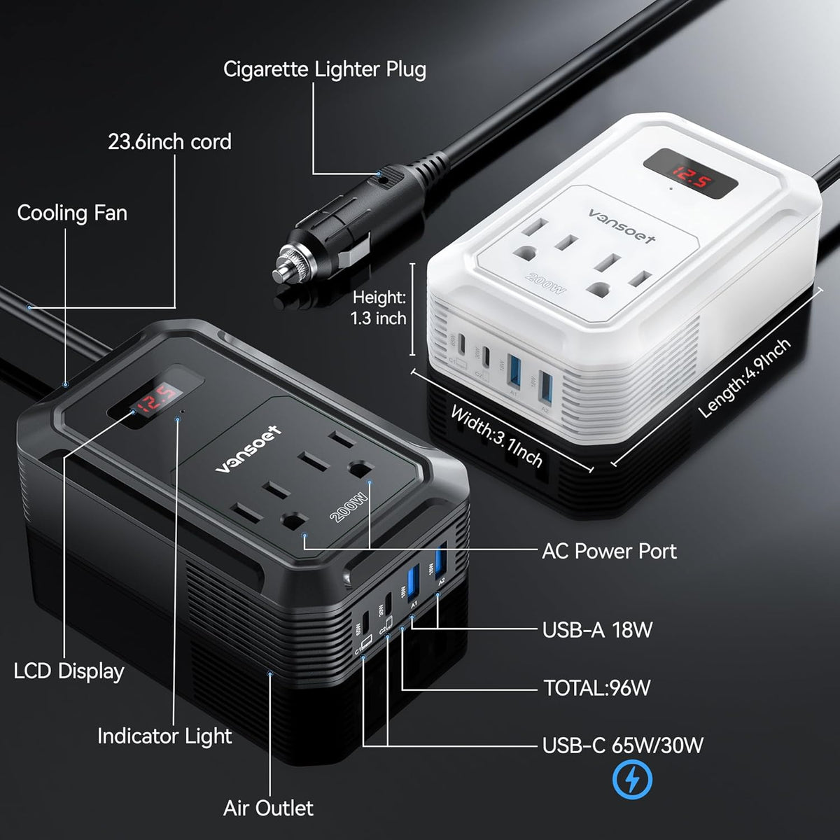200W Car Power Inverter DC 12V to 110V AC Inverter with PD 65W/30W USB C & 2 QC 18W USB Ports & 2 AC Outlets,Car Pluɡ Adapter Outlet for Laptop/Phone/Road Trip