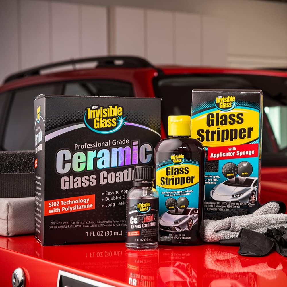 Invisible Glass 99017 Pro Glass Care Kit – Clean with Premium Glass Cleaner, Strip Water Spots with Glass Stripper, Protect with Ceramic Coating – Includes (2) Microfiber Cloths