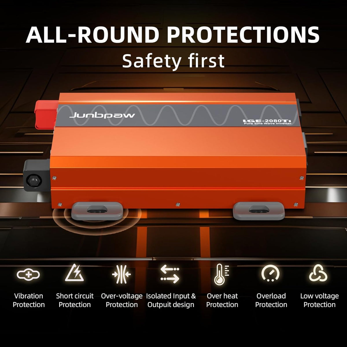 2080W Pure Sine Wave Inverter, 12V DC to 110V/120V AC, 6000W Peak, 5V/2.1A USB, Quiet Fan, Capacitor, Off-Grid Solar Power for RV, Camping, Emergency, Truck (LGE-24-2080TI)