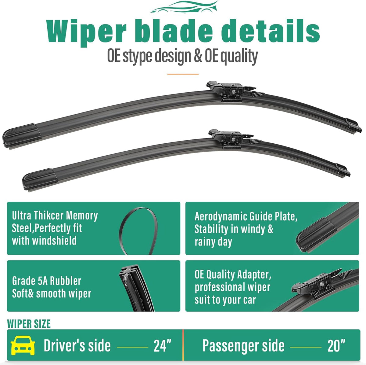 24" 20" 11" Windshield Wiper Blades Replacement for Ford Escape 2020 2021 2022 2023 2024 2025 Premium All Weather Front Rear Wipers Set - OEM Quality (Pack of 3)