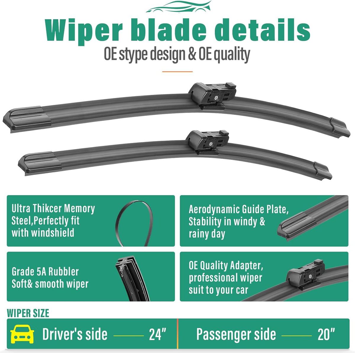 24" 20" 15" Windshield Wiper Blades Replacement for Volvo XC90 2016 2017 2018 2019 2020 2021 2022 Premium All Weather Front Rear Wipers Set - OEM Quality (Pack of 3)