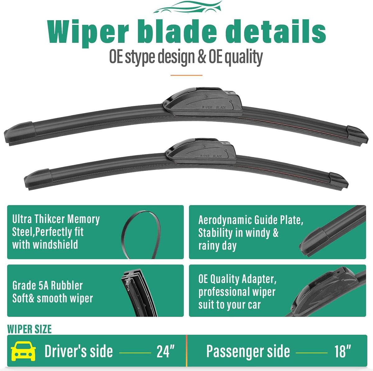 24" 18" 13" Windshield Wiper Blades Replacement for Chevrolet Chevy Equinox 2018 2019 2020 2021 Premium All Weather Front Rear Wipers Set - OEM Quality (Pack of 3)
