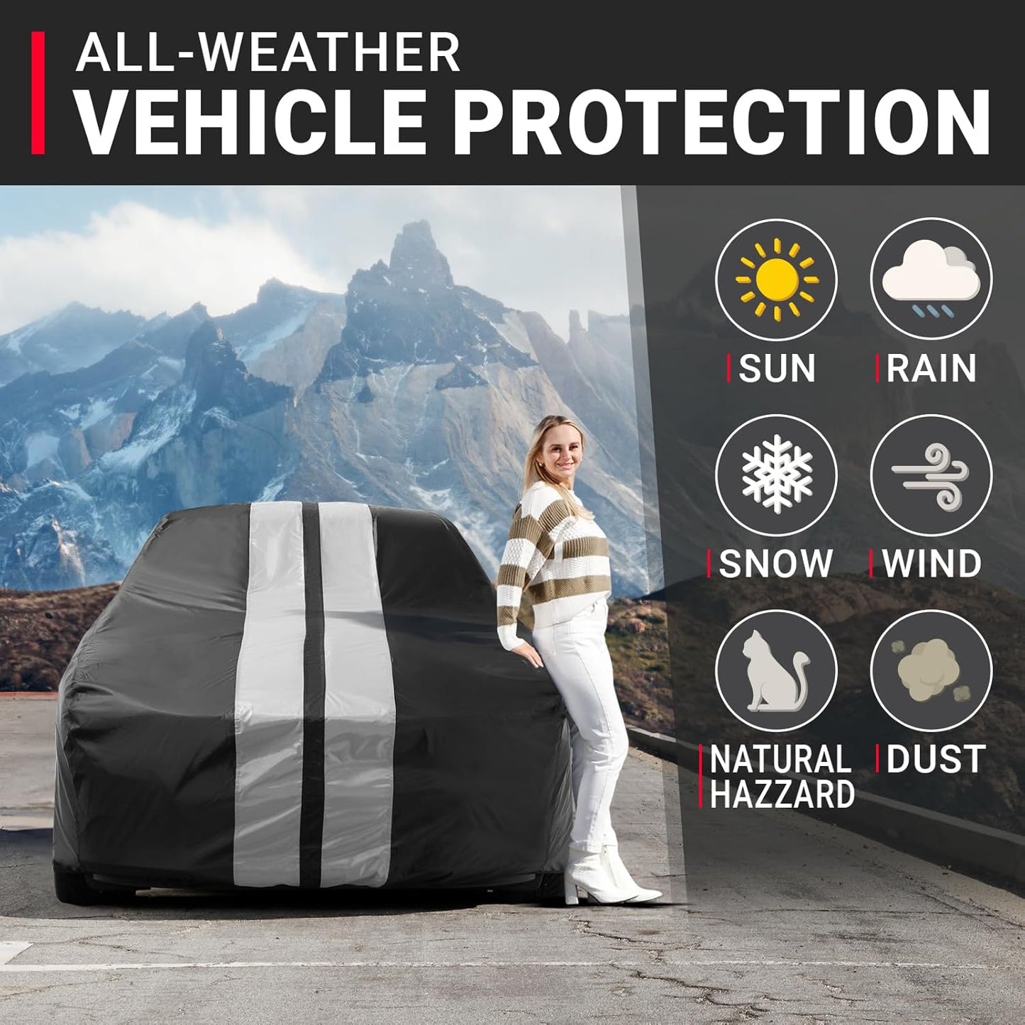 iCarCover Custom Car Cover for Pontiac Tempest Wagon (1961-1963) Waterproof All-Weather Rain Snow UV Sun Protector Full Exterior Indoor Outdoor Car Cover (Stripe - Black/Gray)