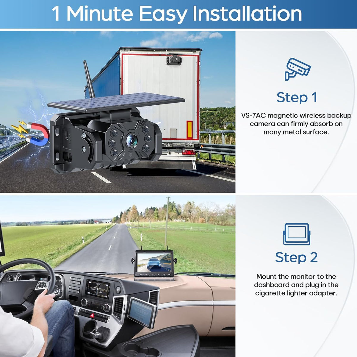 2 Magnetic Solar Wireless Backup Camera Built-in 10000mAh Battery & Solar Panel HD1080P 7" DVR Monitor 1Min DIY Installation Rechargeable Reverse Camera System for Hitch Towing Travel RV 5th Wheel