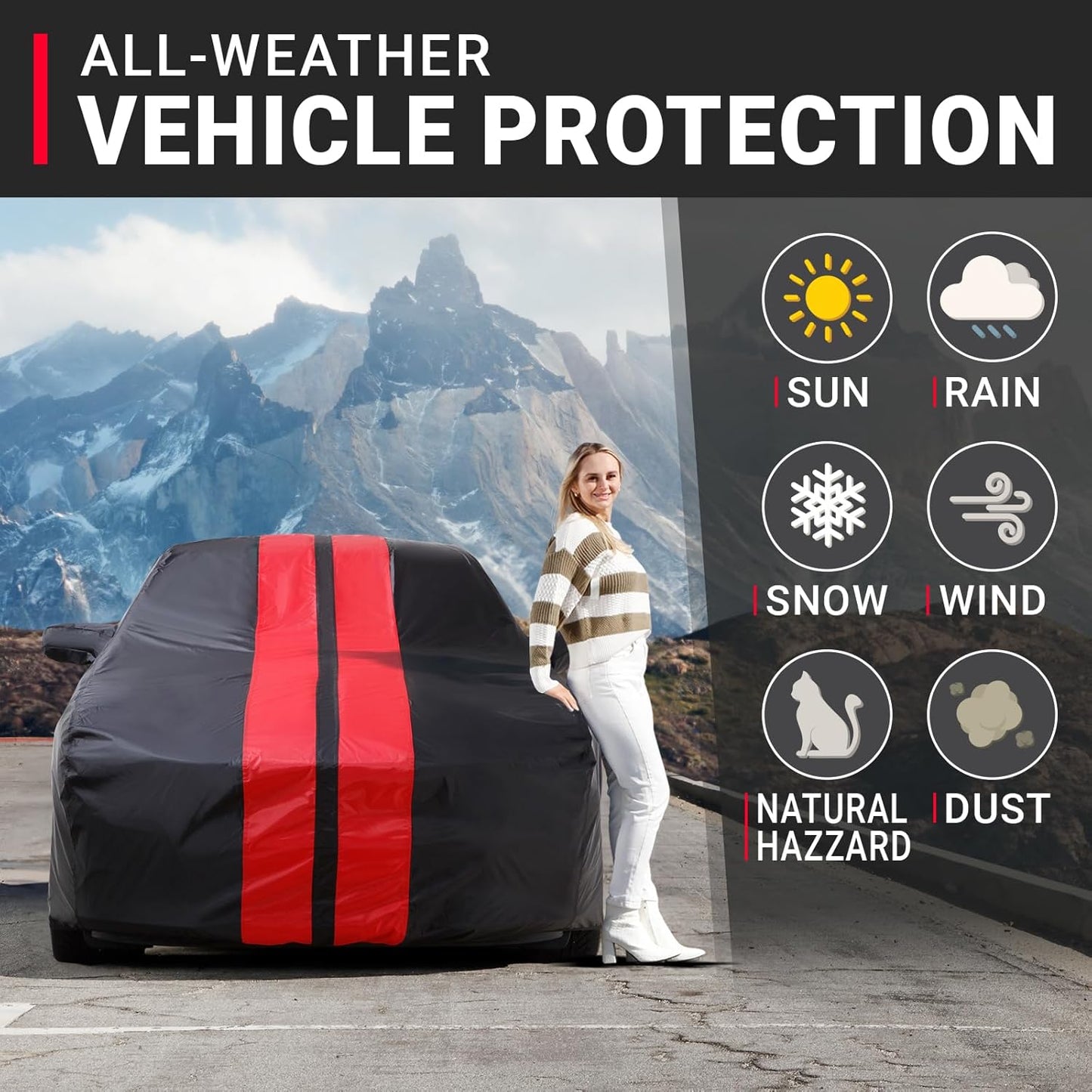 iCarCover Custom Car Cover for Pontiac J2000 (1981-1982) Waterproof All-Weather Rain Snow UV Sun Protector Full Exterior Indoor Outdoor Car Cover (Stripe - Black/Red)