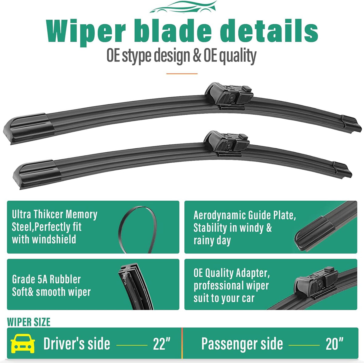 22" 20" 11" Windshield Wiper Blades Replacement for Jeep Renegade 2015 2016 2017 2018 2019 2020 2021 2022 2023 Premium All Weather Front Rear Wipers Set - OEM Quality (Pack of 3)