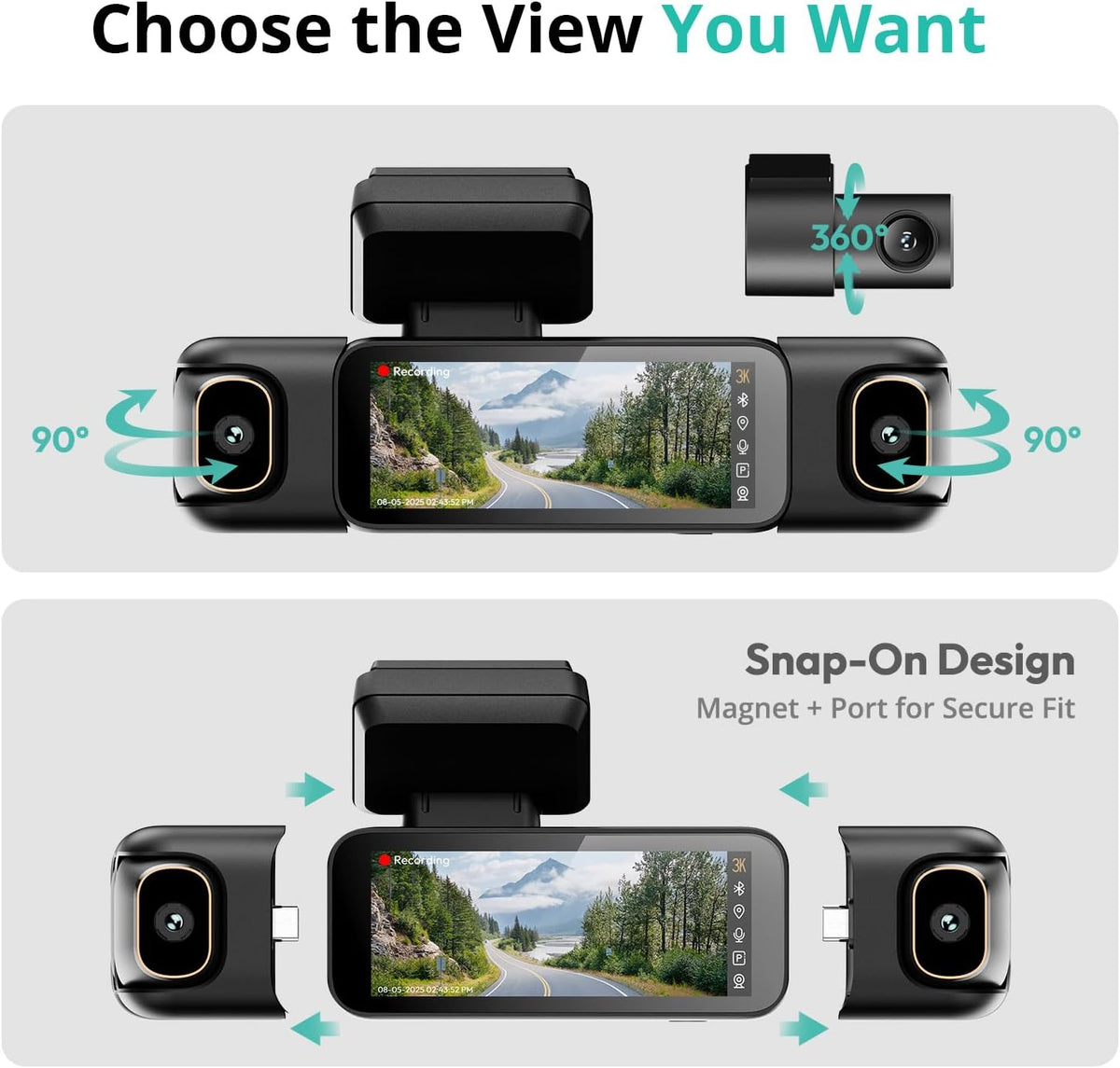 3K 4 Channel Dash Cam, 560° All-Sides View, Front and Rear Inside Car Camera with 3.18”Touch Screen, Dash Camera 24/7 Parking Mode, Built-in GPS 5.8G WiFi Night Vision Voice Control, Free 128GB Card