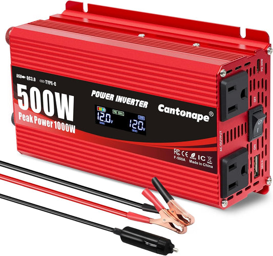 500 Watt Car Power Inverter DC 12V to 110V/120V AC Converter with LCD Display 2 AC Outlets 3.0A USB and Type-C Car Charger Adapter for Car Home Laptop Truck