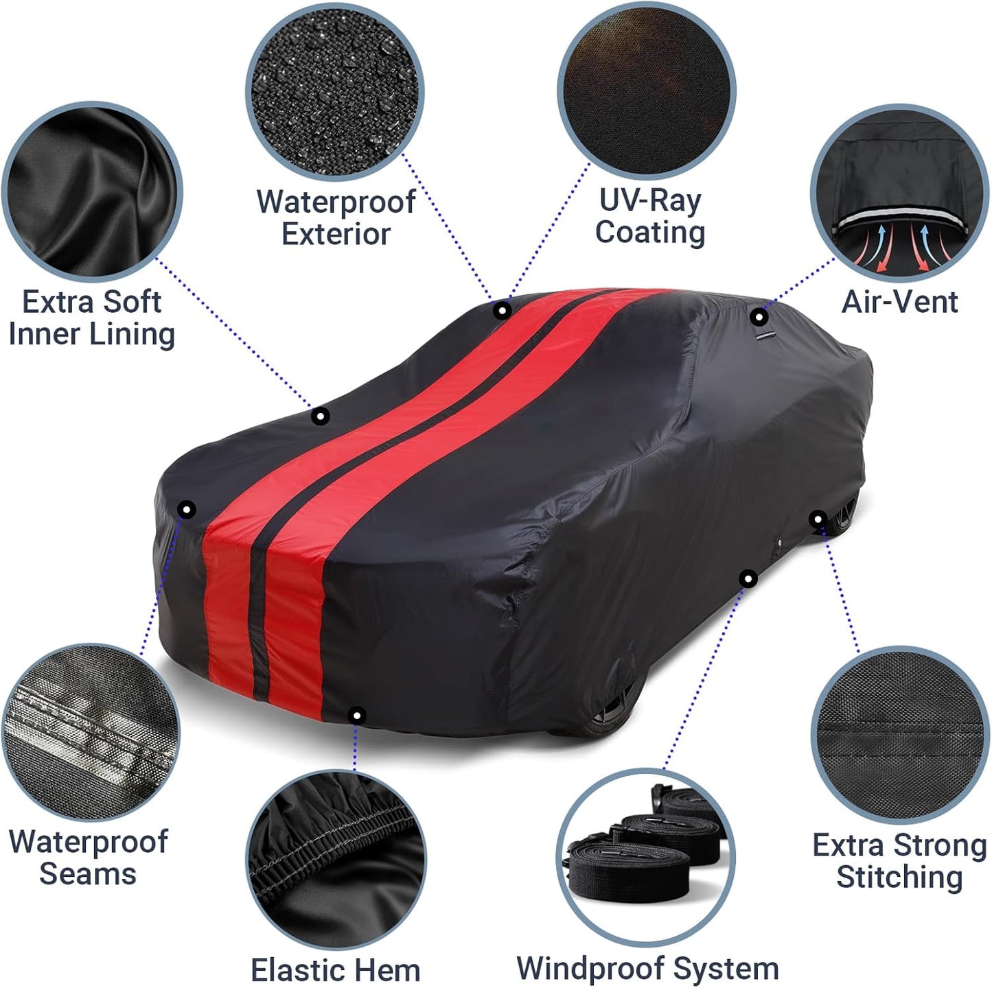 iCarCover Custom SUV Cover for Pontiac Trans AM (1969-1973) Waterproof All-Weather Rain Snow UV Sun Protector Full Exterior Indoor Outdoor Car Cover (Stripe - Black/Red)