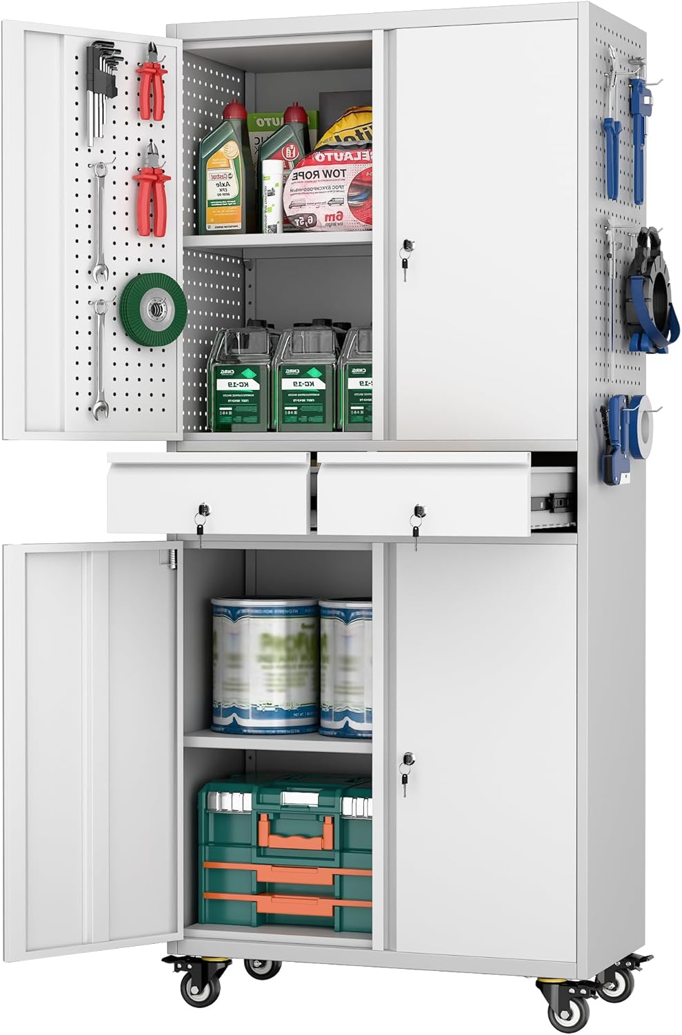 Metal Garage Storage Cabinet with Locking Doors and 2 Adjustable Shelves, Rolling Tool Storage Cabinet with 4 Wheels and 2 Drawer for Garage, Warehouse, White and Gray, Assembly Required