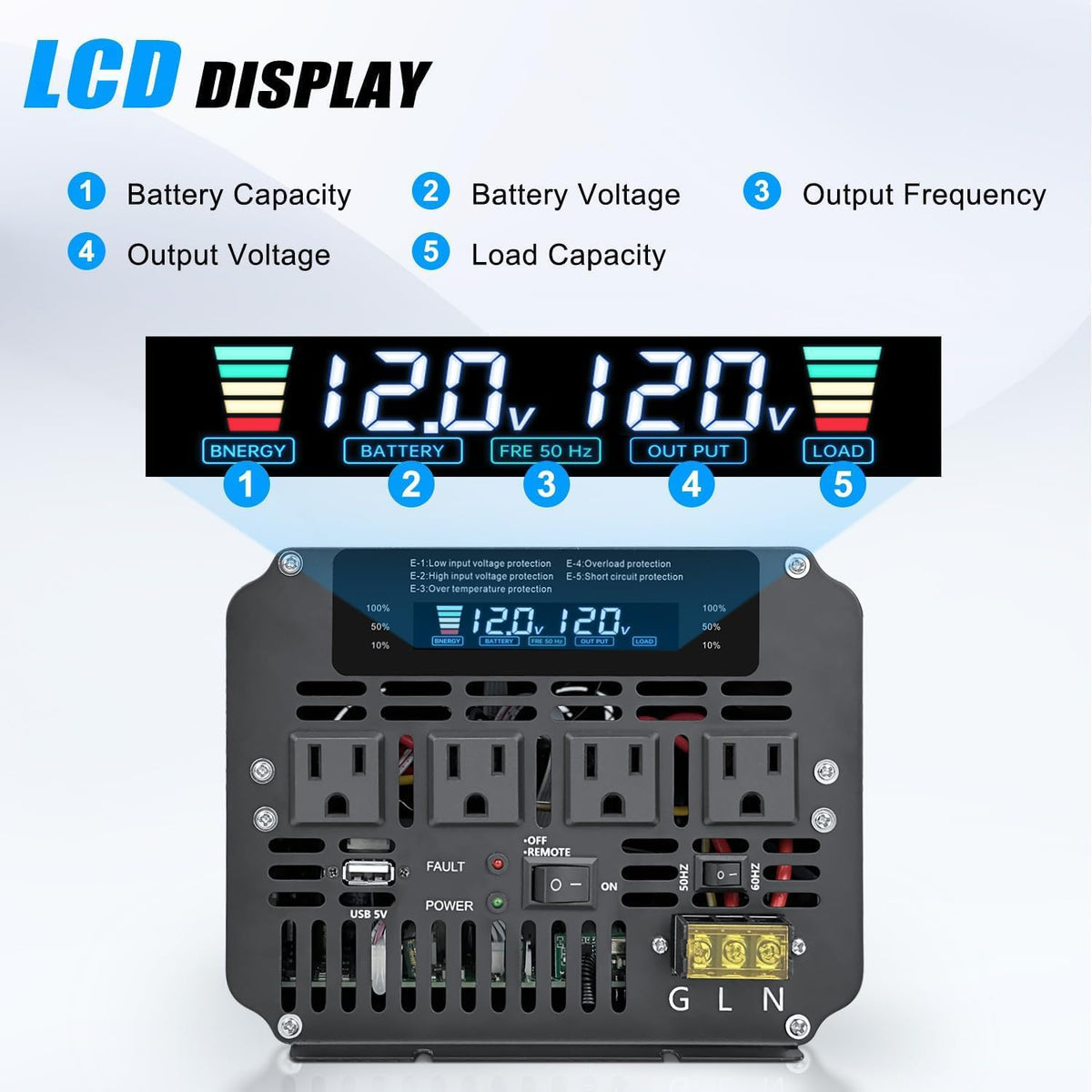 5000W Power Inverter 12V to 110V/120V DC to AC with LCD Display, Remote Controller and 4 x AC Outlets Car Adapter for Car Truck Boat RV Off Grid Solar System
