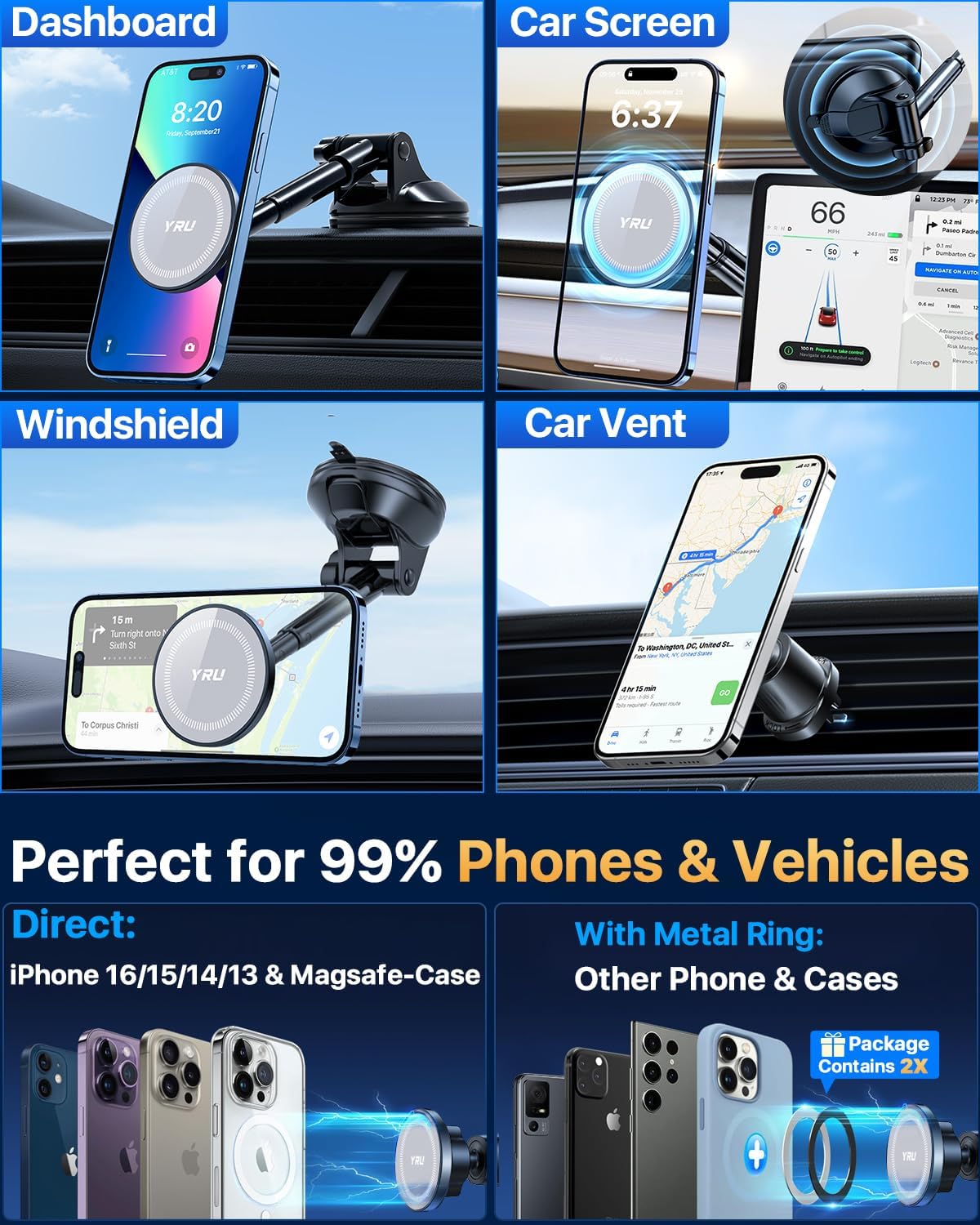 YRU [2025 Upgraded] Magnetic Phone Holder for Car【Patented & Super Magnet】 for MagSafe Car Mount Dashboard Magnet Phone Holder Windshield Phone Stand for iPhone 16 15 14 13 12 Pro Max Samsung, Grey
