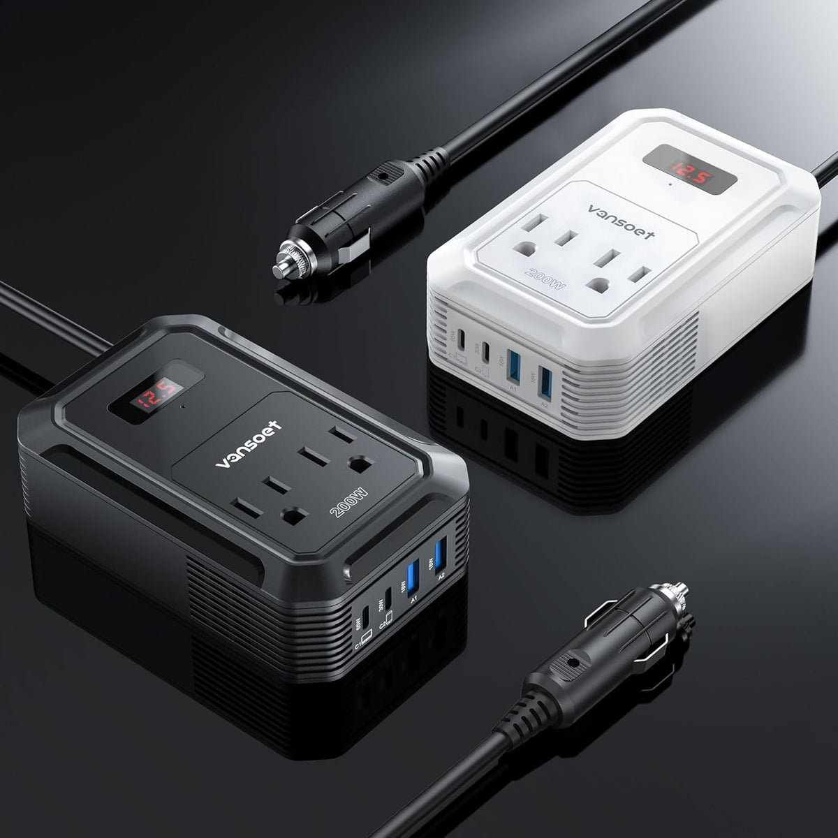 200W Car Power Inverter DC 12V to 110V AC Inverter with PD 65W/30W USB C & 2 QC 18W USB Ports & 2 AC Outlets,Car Pluɡ Adapter Outlet for Laptop/Phone/Road Trip