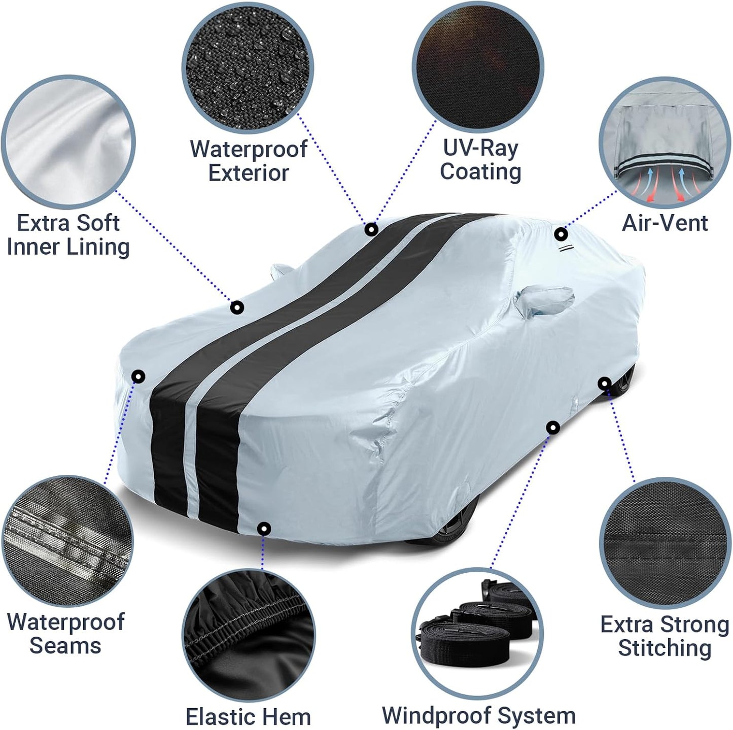 iCarCover Custom Car Cover for Pontiac Grand Am (1985-1991) Waterproof All-Weather Rain Snow UV Sun Protector Full Exterior Indoor Outdoor Car Cover (Stripe - Gray/Black)