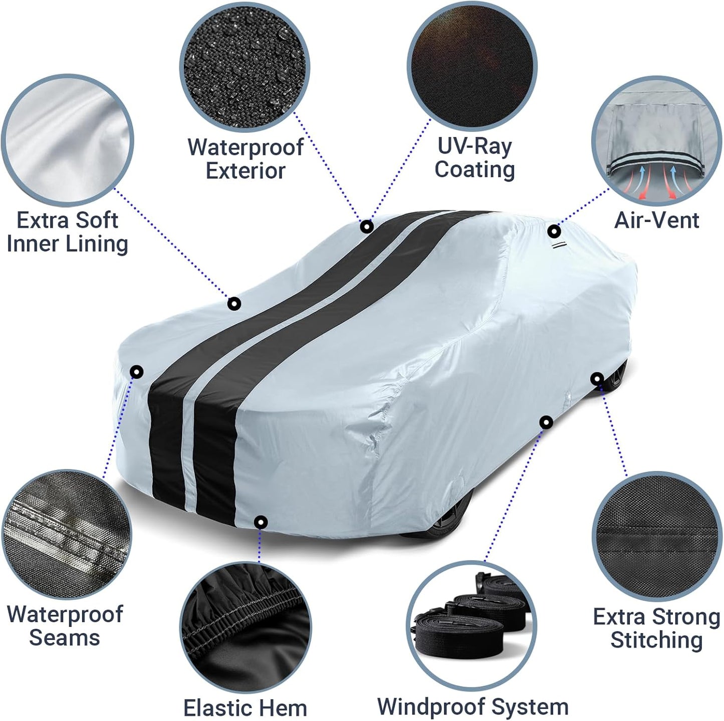 iCarCover Custom Car Cover for Pontiac Catalina (1977-1981) Waterproof All-Weather Rain Snow UV Sun Protector Full Exterior Indoor Outdoor Car Cover (Stripe - Gray/Black)