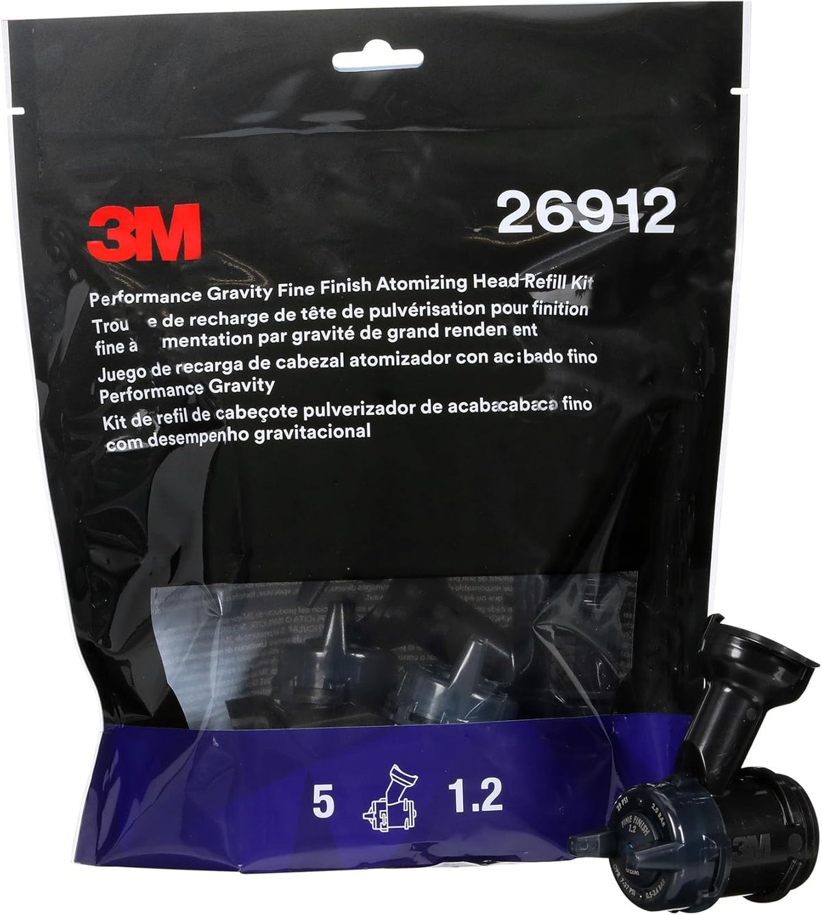 3M Performance Gravity Fine Finish (Compliant) Atomizing Head 26912, Blue, 1.2, Pack of 5, for Automotive Paint Application, High Viscosity, Clear Coat, Primer Spraying
