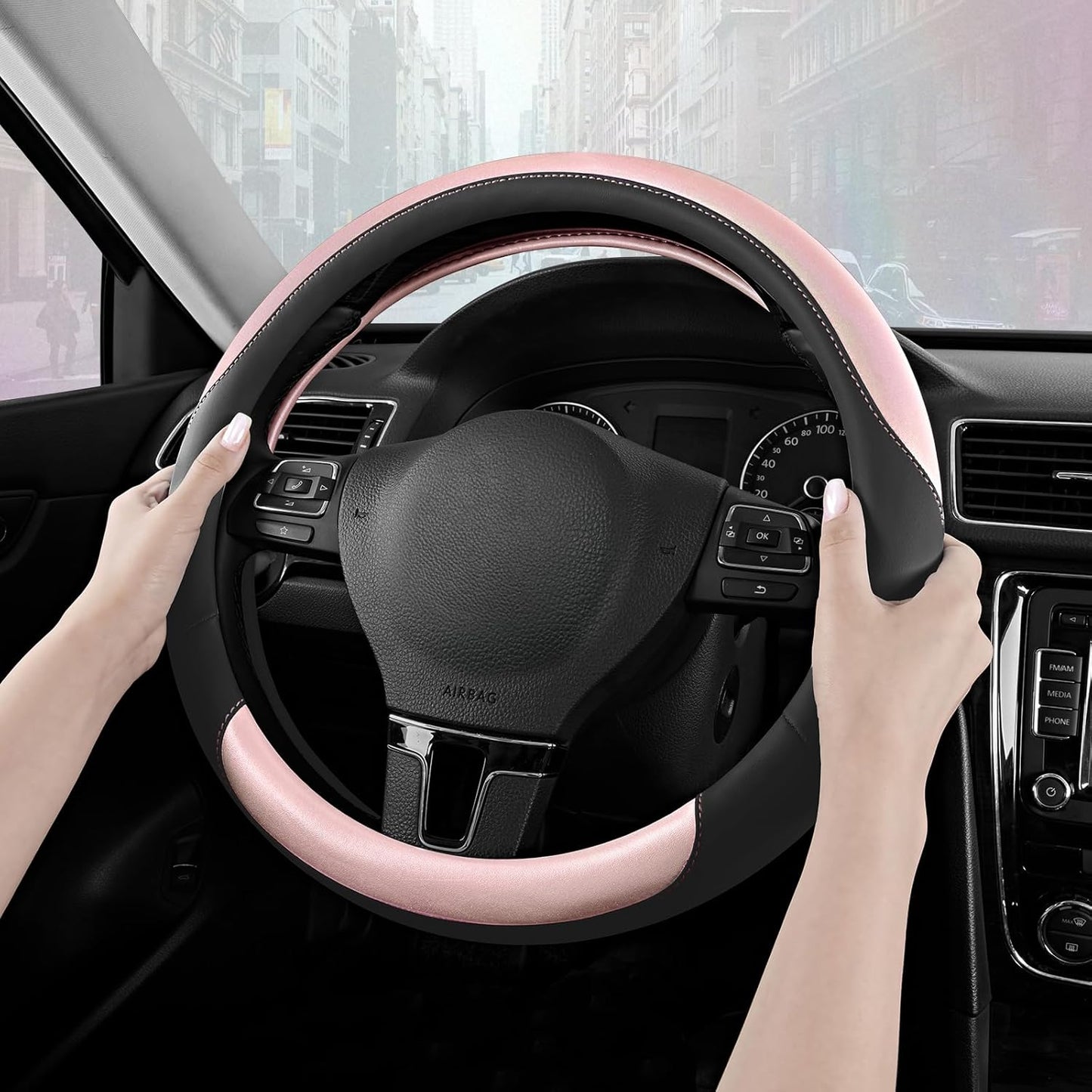 Road Comforts Steering Wheel Cover – Breathable Leather Steering Wheel Cover, Anti-Slip Grip, Universal Fit 14.5” to 15”, Heat & Cold Resistant for Cars, SUVs, and Trucks – Black & Pink