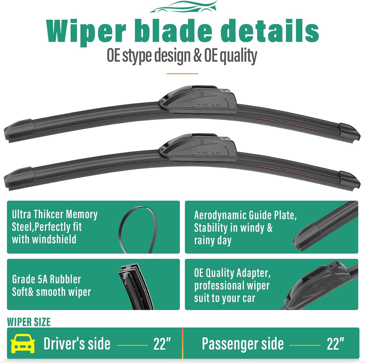 22" 22" 13" Windshield Wiper Blades Replacement for GMC Yukon/Yukon XL 2015 2016 2017 2018 2019 2020 Premium All Weather Front Rear Wipers Set - OEM Quality (Pack of 3)