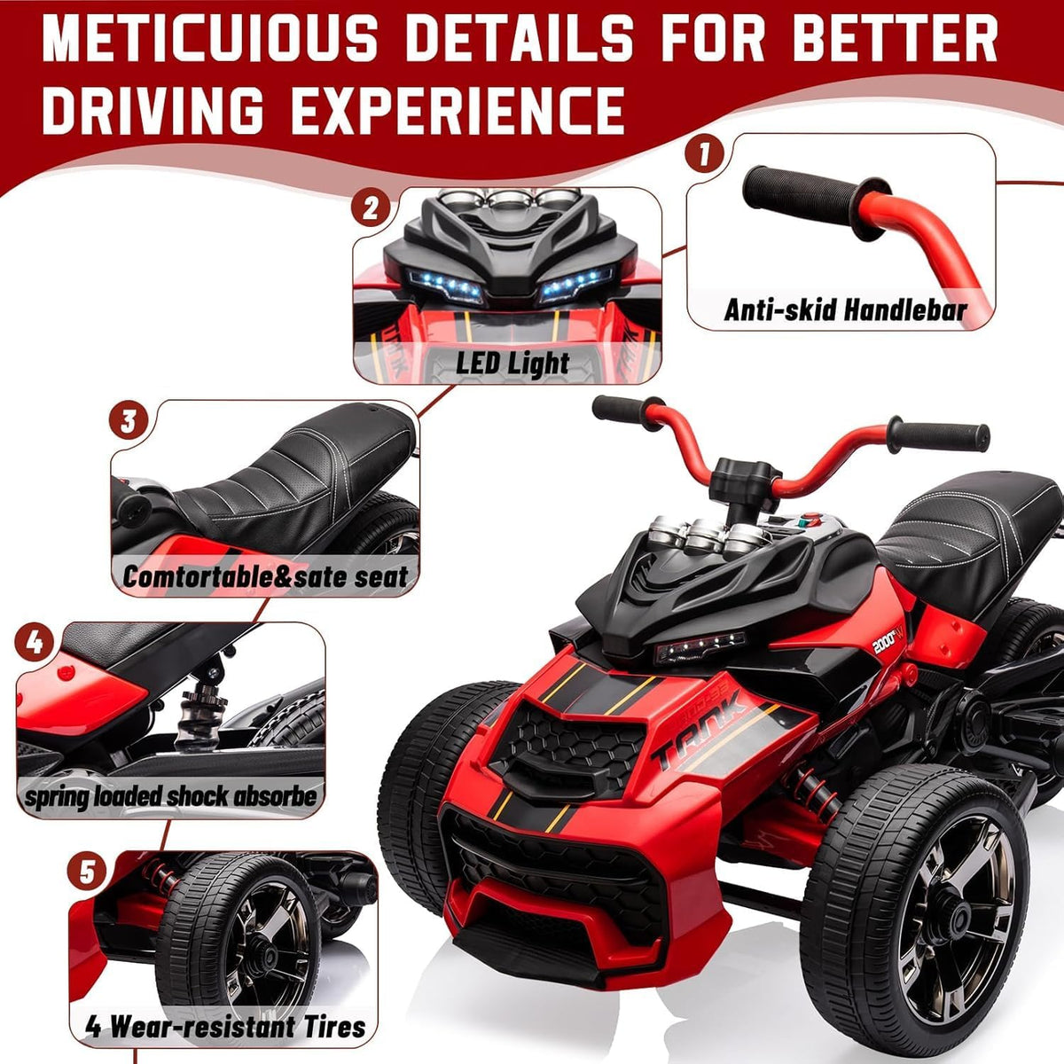 12V Kids Electric Ride-On Car with Parent Remote Control, 7MPH, 2 Speeds, 2x55W Motor, LED Lights, Music, USB & EVA Tires, 3 Wheel Battery Powered Toy Vehicle for Toddlers
