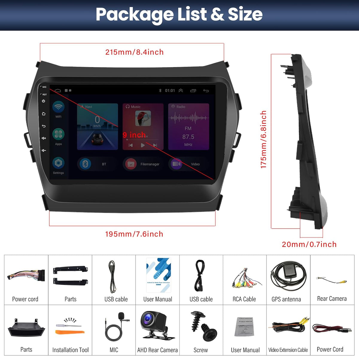 2+64G Android 13 Car Stereo for Hyundai Santa Fe IX45 2013-2018 with Apple Carplay Android Auto Mirror Link 9 inch Touch Screen FM RDS HiFi Bluetooth WiFi GPS+AHD Camera & MIC