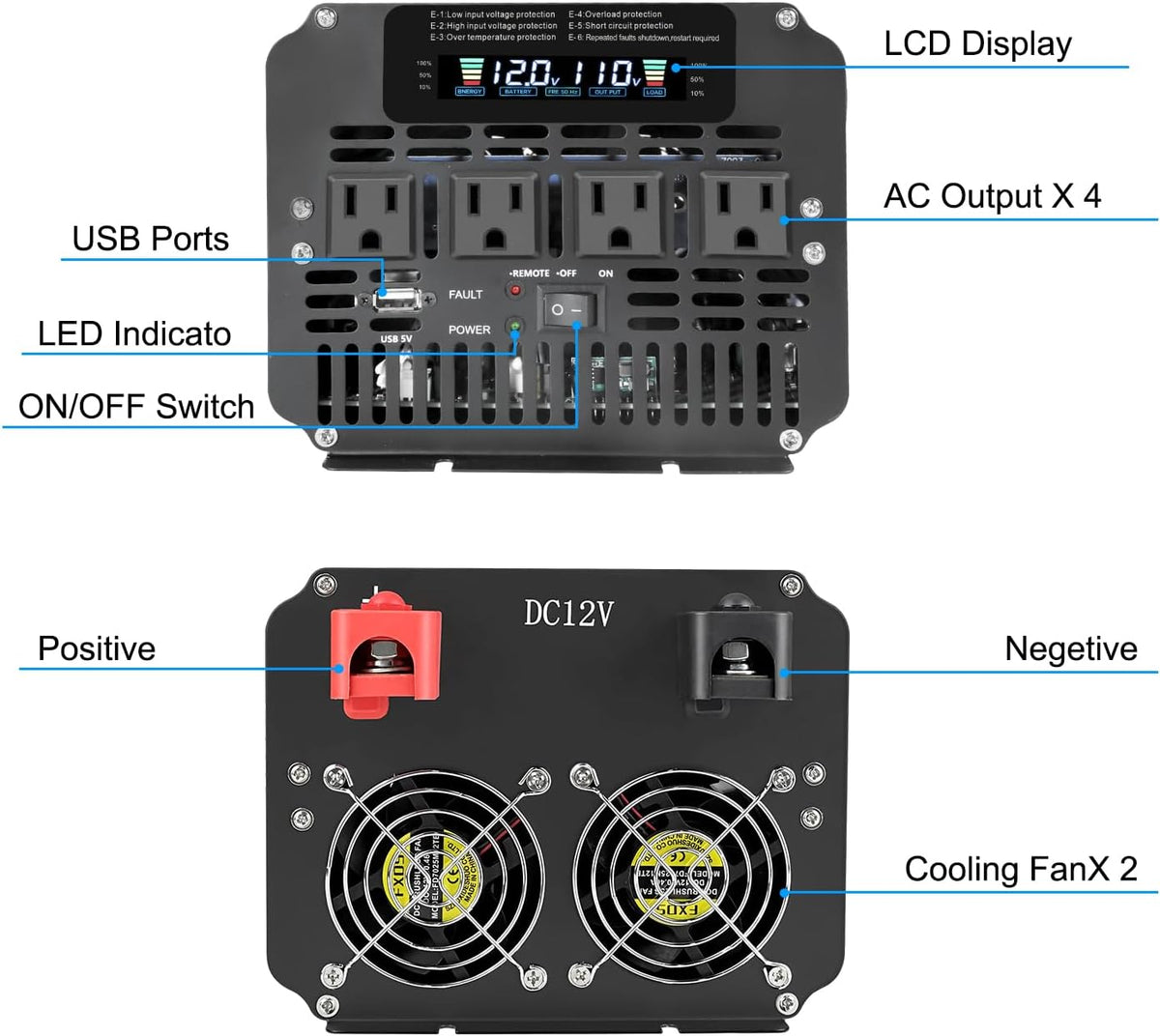 4000 Watt Power Inverter, Car Inverter 12V DC to 110V/120V AC Converter with LCD Display, 4 AC Outlets, USB Port & Remote Controller for RV, Truck, Off-Grid Solar System