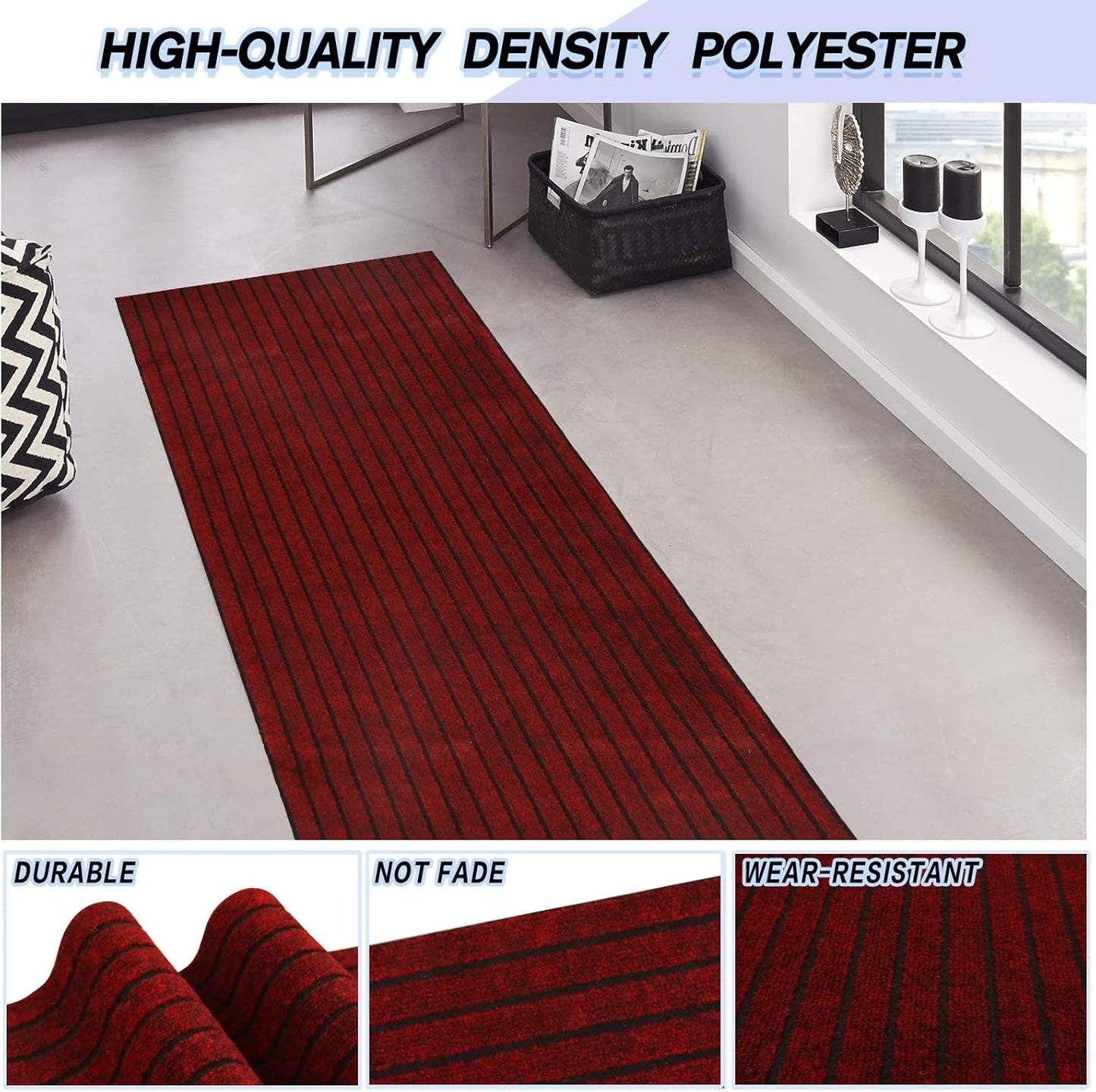 Custom Size Backed Non-Slip Area Rugs Runner, Easy Clean, Waterproof Runner Rugs for Hallway Entryway, Kitchen, Laundry, 4FT x 43FT, Red Stripe