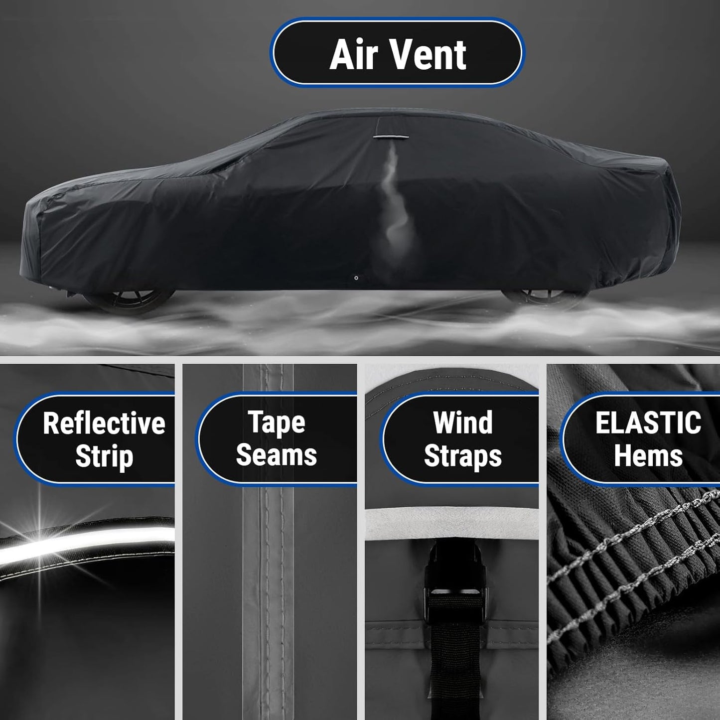 iCarCover Custom Car Cover for Pontiac Tempest 4-Door (1968-1970) Waterproof All-Weather Rain Snow UV Sun Protector Full Exterior Indoor Outdoor Car Cover (Stripe - Black/Gray)