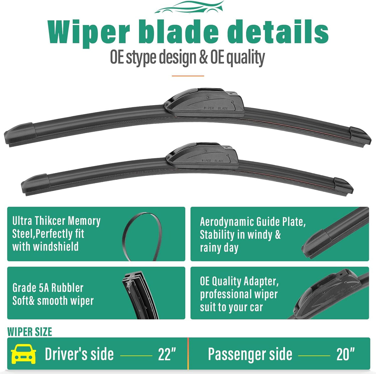 22" 20" 12" Windshield Wiper Blades Replacement for Toyota 4Runner 2003 2004 2005 2006 2007 2008 2009 4 Runner Premium All Weather Front Rear Wipers Set - OEM Quality (Pack of 3)