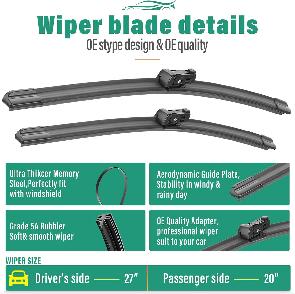 27" 20" 15" Windshield Wiper Blades Replacement for Audi Q7 SQ7 2016 2017 2018 2019 2020 2021 2022 2023 2024 Q 7 Premium All Weather Front Rear Wipers Set - OEM Quality (Pack of 3)