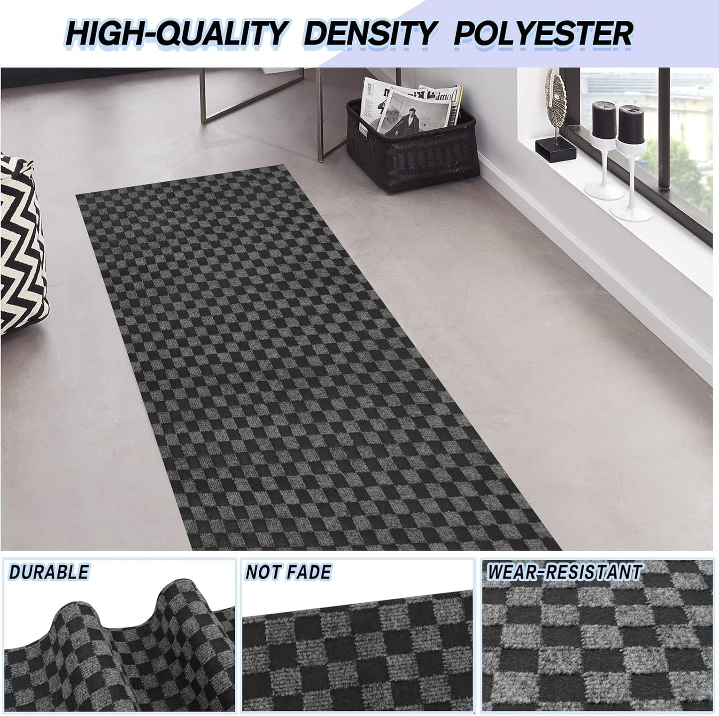 Custom Size Backed Non-Slip Area Rugs Runner, Easy Clean, Waterproof Runner Rugs for Hallway Entryway, Kitchen, Laundry, 4FT x 19FT, Gray Checkered