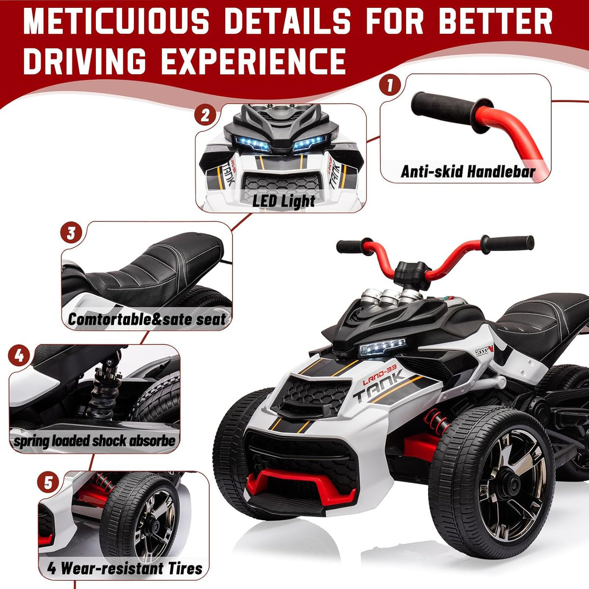 12V Kids Electric Ride-On Car with Parent Remote Control, 7MPH, 2 Speeds, 2x55W Motor, LED Lights, Music, USB & EVA Tires, 3 Wheel Battery Powered Toy Vehicle for Toddlers (White1)