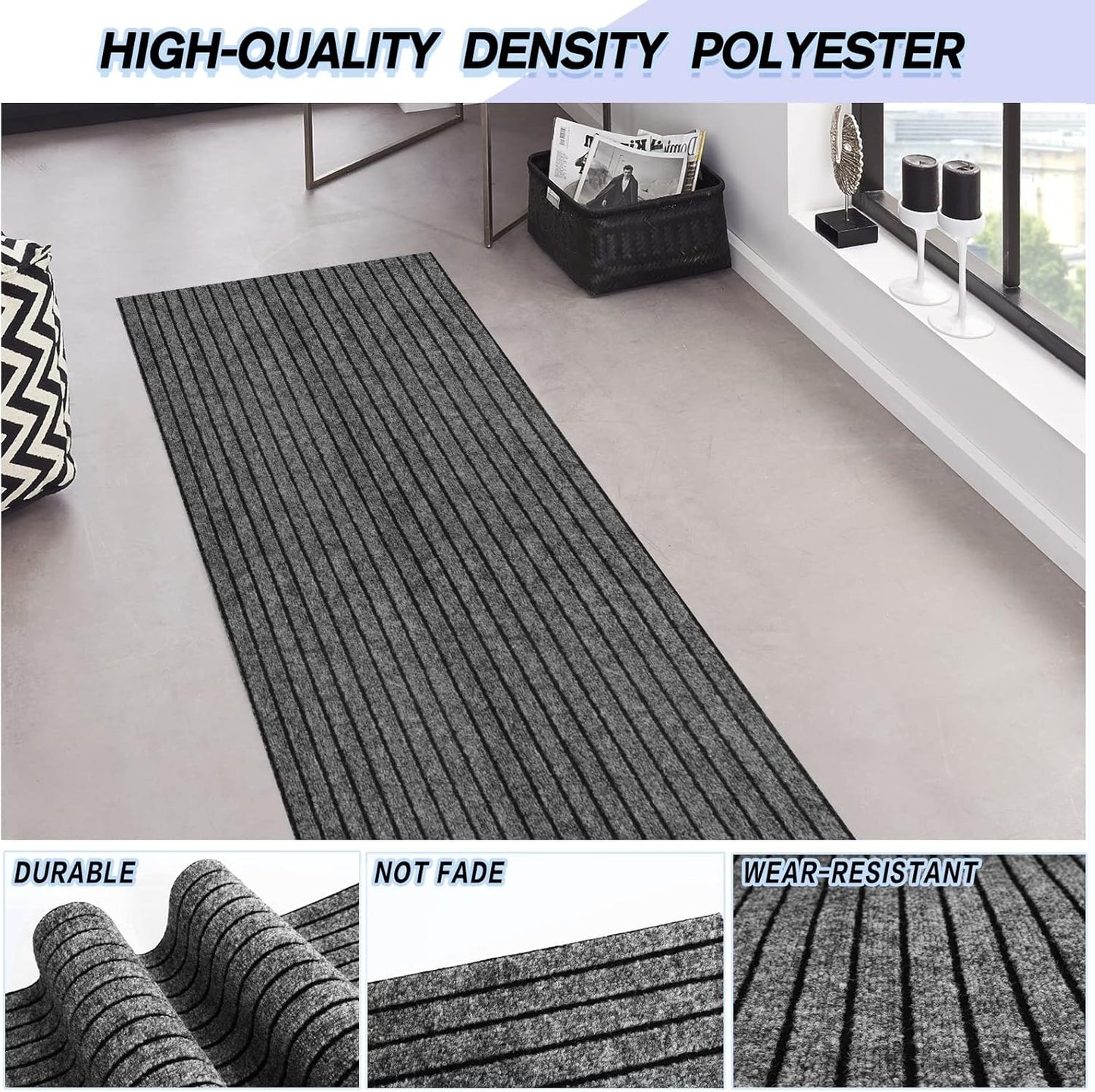 Custom Size Backed Non-Slip Area Rugs Runner, Easy Clean, Waterproof Runner Rugs for Hallway Entryway, Kitchen, Laundry, 3FT x 46FT, Gray Stripe