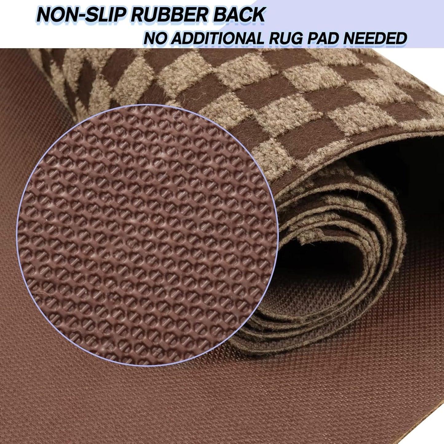 Custom Size Backed Non-Slip Area Rugs Runner, Easy Clean, Waterproof Runner Rugs for Hallway Entryway, Kitchen, Laundry, 4FT x 64FT, Brown Checkered