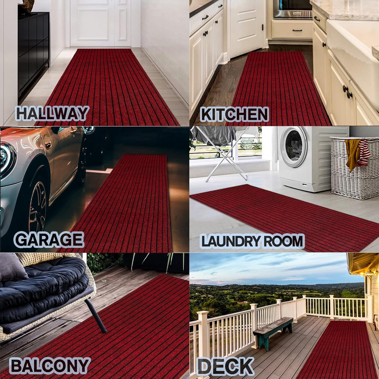 Custom Size Backed Non-Slip Area Rugs Runner, Easy Clean, Waterproof Runner Rugs for Hallway Entryway, Kitchen, Laundry, 2FT x 73FT, Red Stripe